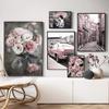 Pink Rose Flower Car Street Girl Building Canvas Painting Moden Wall Art Poster Print Nordic Home Pictures for Living Room Decor No Frame