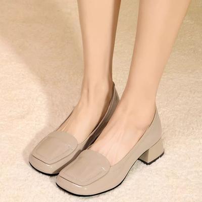 Туфли с одной педалью Женские одинарные туфли Квадратные туфли из кожи Женские туфли на толстом каблуке Универсальные легкие туфли