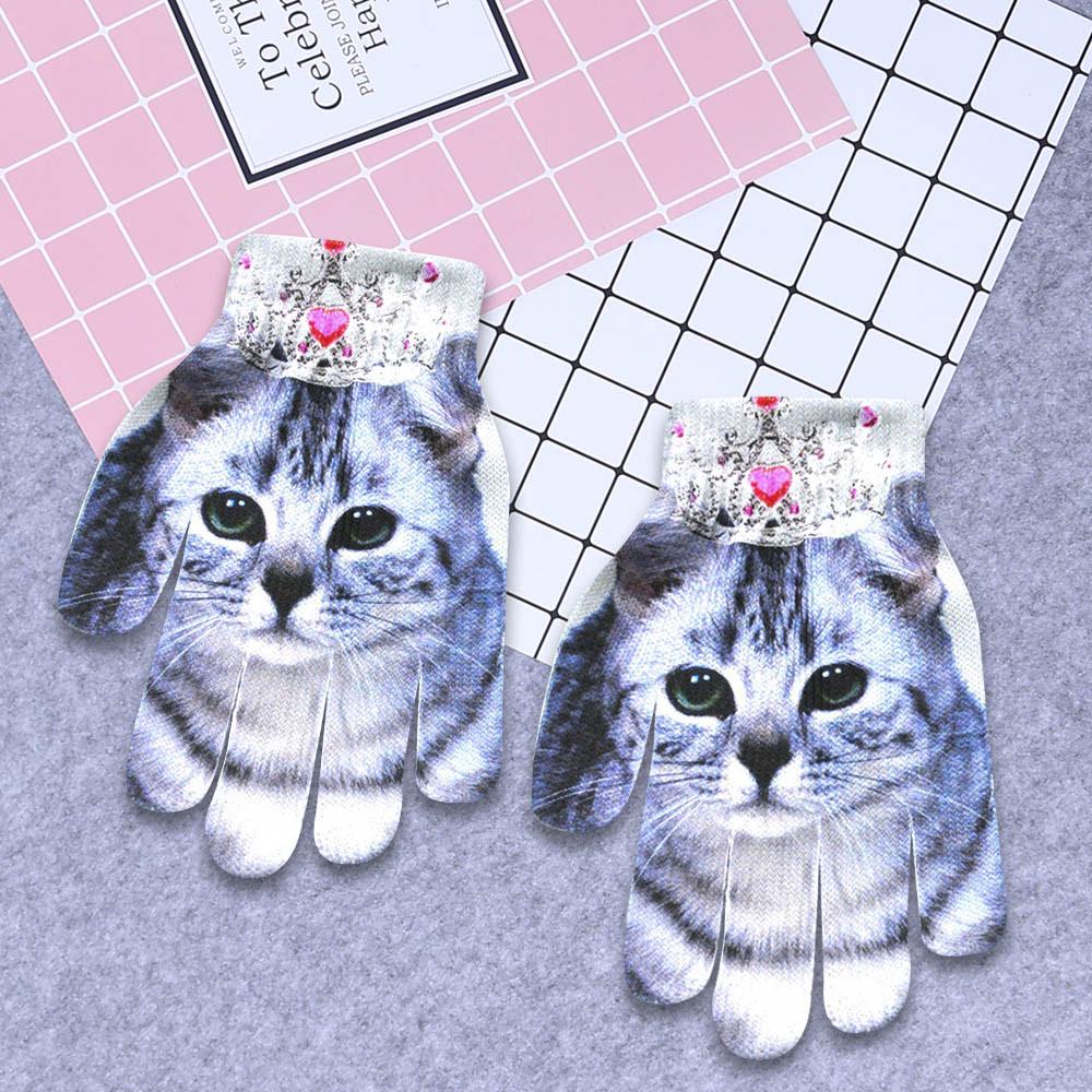 Детские зимние теплые вязаные перчатки с 3D животным принтом и котенком, модные милые перчатки