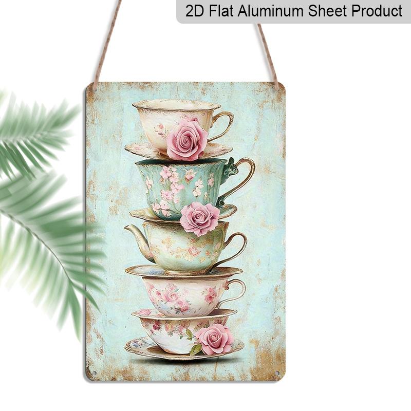 2D Flat, 1pc Vintage Tea Party Metal Wall Art Sign - 8x12 Inch Aluminum Floral Teacups & Roses Design, Rustic Distressed Edges, Pre-Drilled Holes for