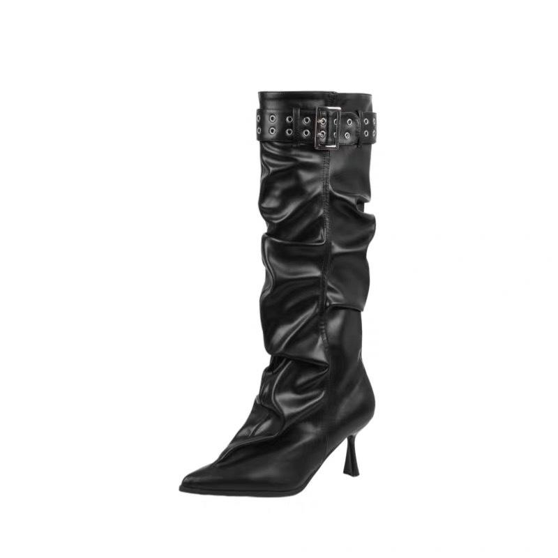 Pointed stiletto high boots belt buckle knight women's boots 2026 autumn and winter new stacking boots long boots over the knee fashion boots