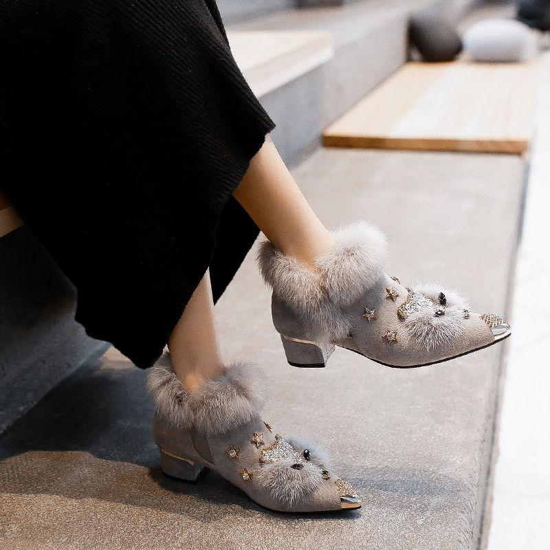 Winter New Padded Fox Head Lazy Hairy Shoes Women Thick with Short Boots