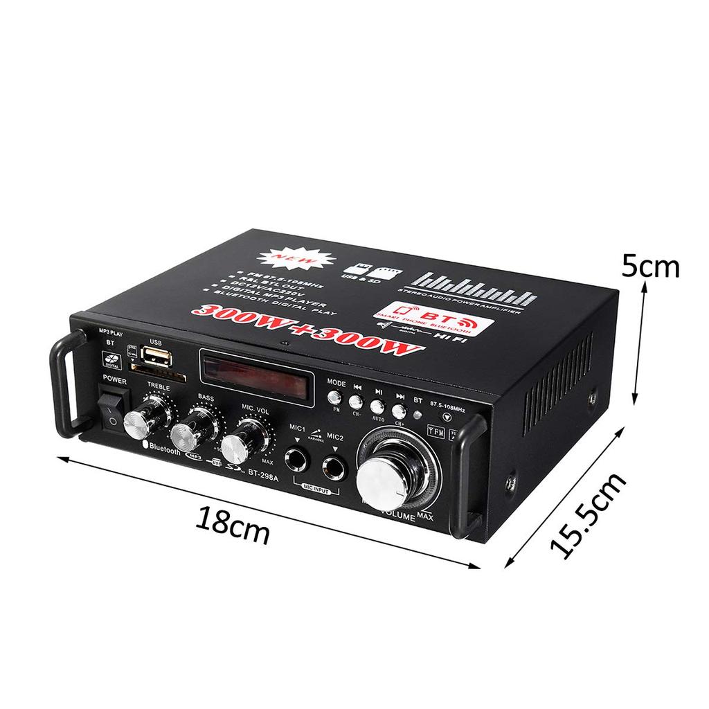 2ch High Output Audio Compact Effective Maximum Output 300W Bluetooth Connection Card Playback Stereo Power Microphone Input 12V 5A Adapter Included