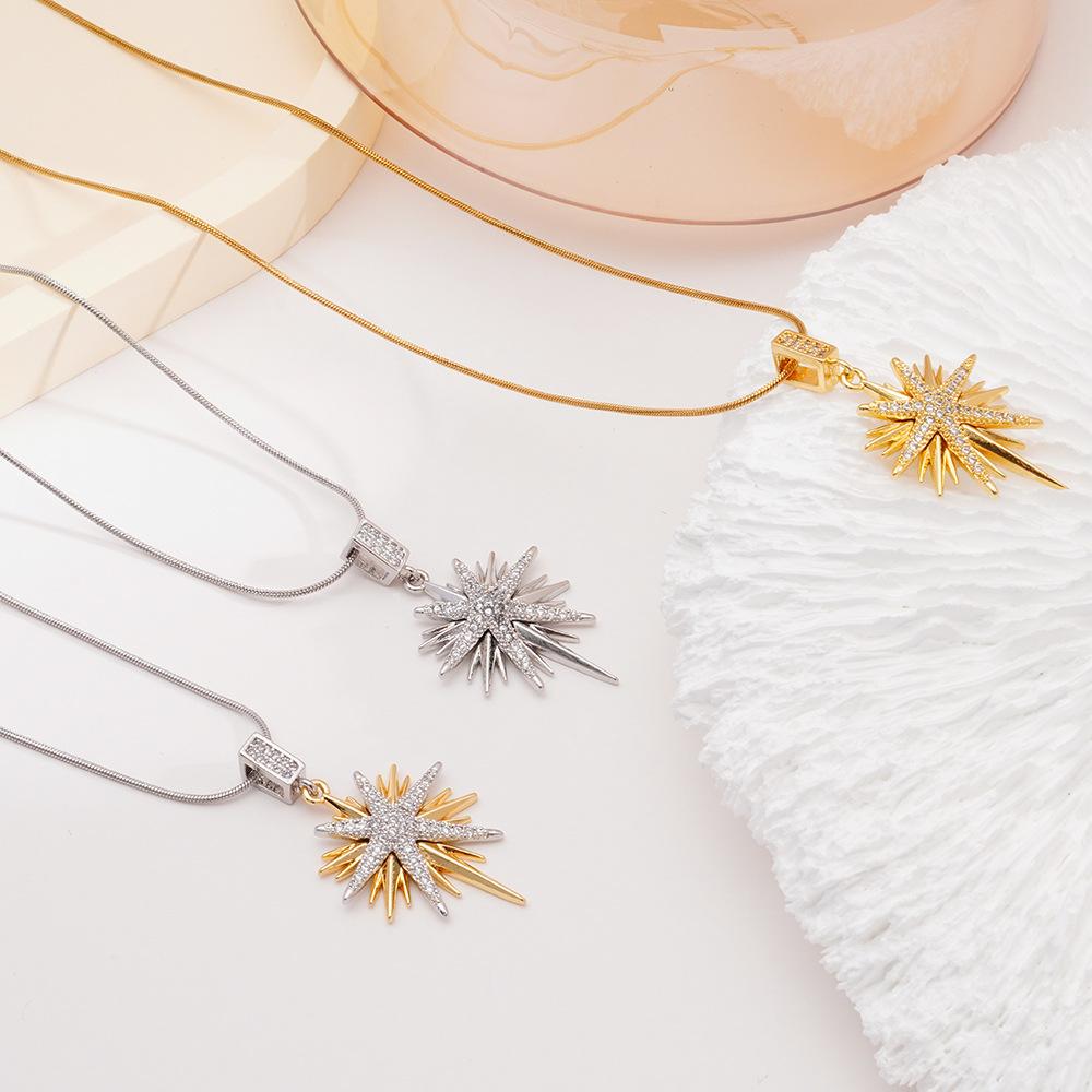 Necklace Women's New Fashion Versatile Octagram Copper Gold-plated Zircon Pendant Design Titanium Steel Collarbone Chain