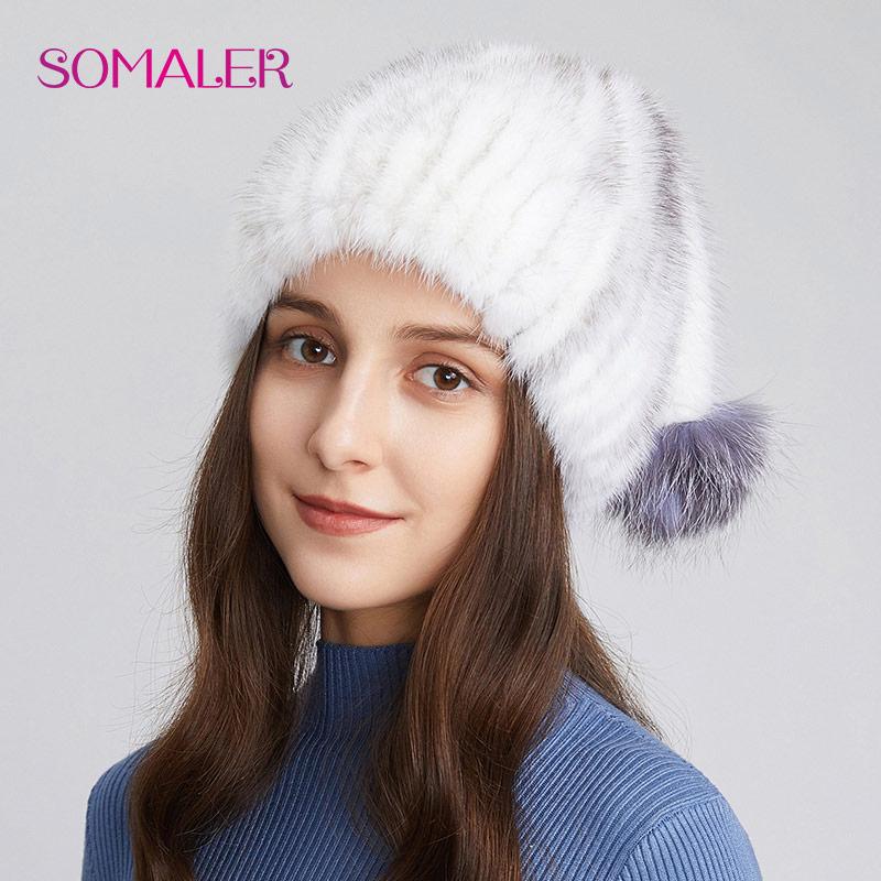 SOMALER Женские шапки из натурального норкового меха, вязаные меховые шапки-бини с тесьмой, зимние шапки из лисьего меха с помпоном и черепом