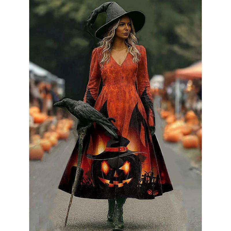 Halloween Long A-Line Dress Vintage Bohemian Style Skull Print V-Neck Full Sleeve Party Wear