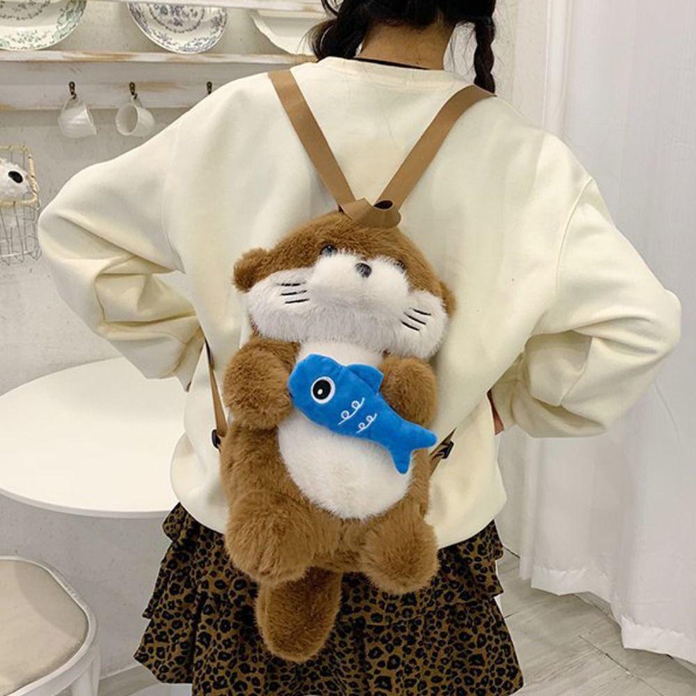 Holding Fish Otter Plush Backpack Realistic Look Student School Bag Shopping
