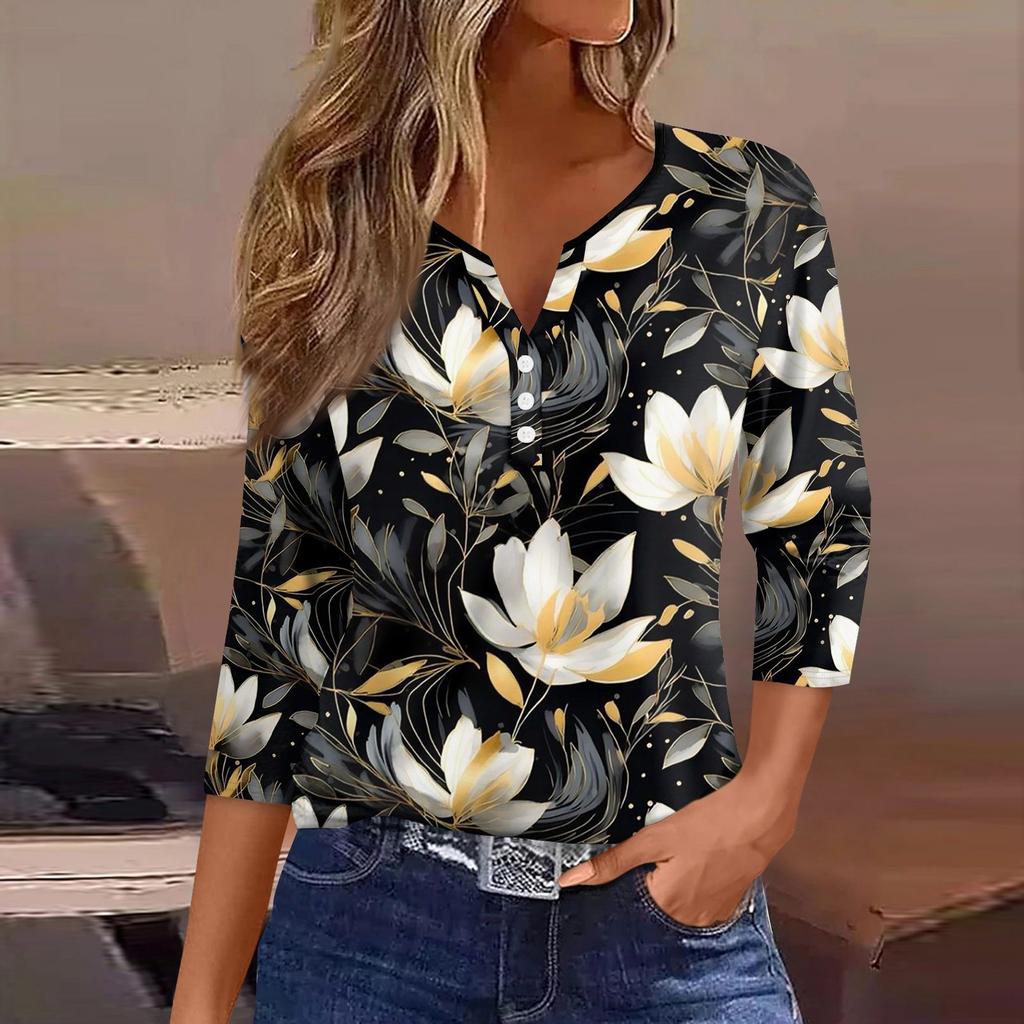 Жен. Футболка Футболка С принтом Пуговицы Рукав 3/4 Повседневные Выходные Мода Классический Классический V-образный вырез Обычный Верх