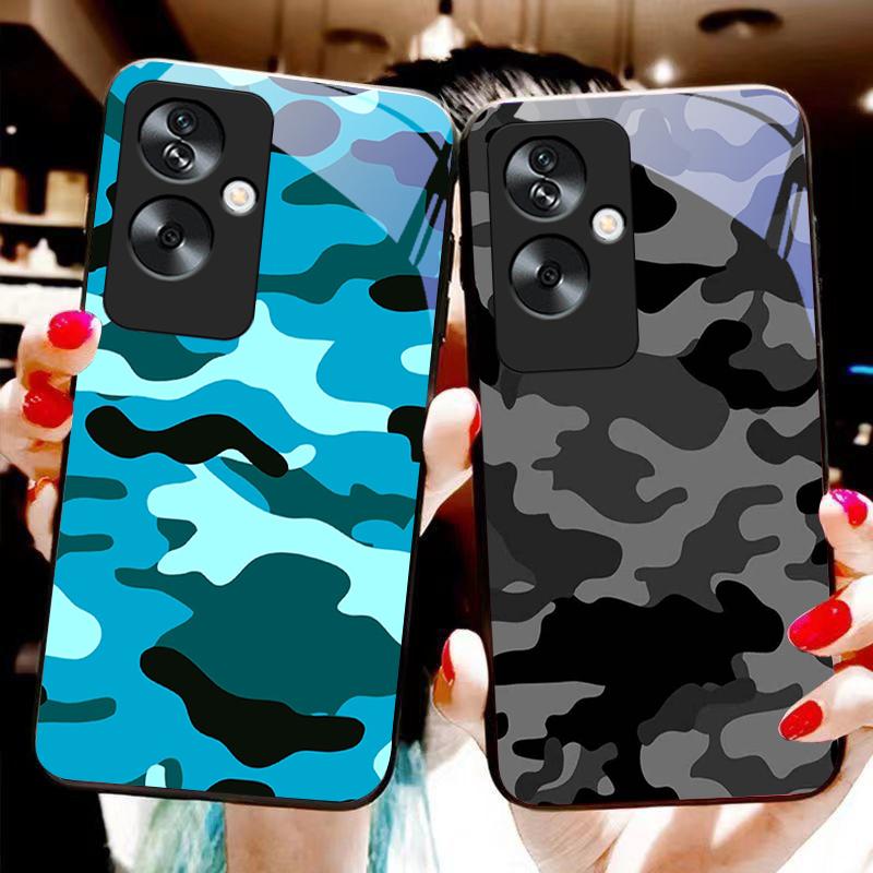 Камуфляжный синий для Oppo A79 5G 58 78 74 60 4G Reno 11F Realme GT 6 11 Note 50 10 C55 X2 Закаленное стекло Черный чехол для телефона