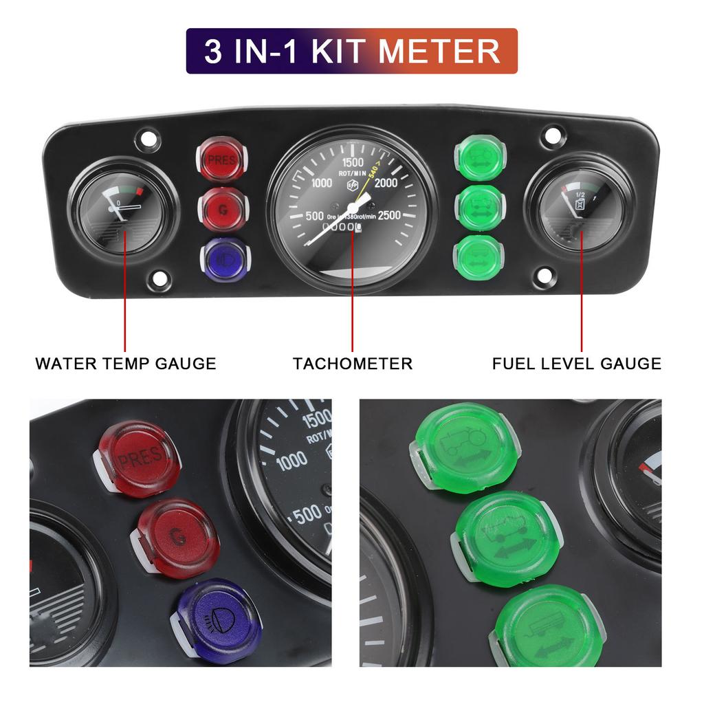 Tractors Universal/Long Water Temp Gauge Fuel Level Meter Tachometer 3 In 1 Kit Instrument Panel Complete For 12V Vehicle Meter