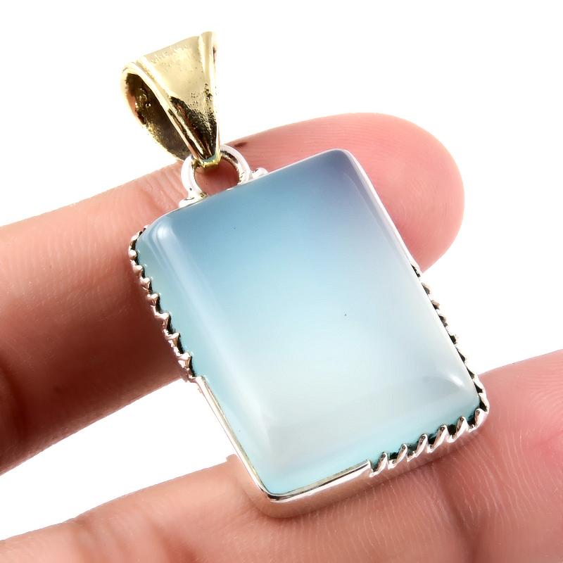 Natural Aqua Chalcedony Gemstone 925 Sterling Silver Two Tone Pendant 1.5" M6B13