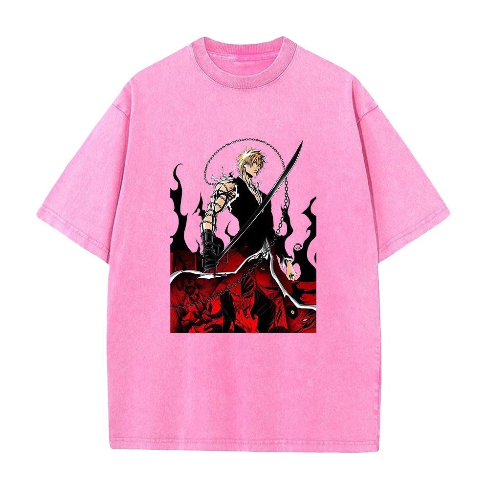 Kurosaki Ichigo BLEACH Clothing Men Women Short Sleeve Manga Tshirts Vintage Washed T Shirt Casual Cotton Tee Harajuku Tshirt
