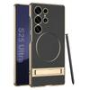 Galaxy S25 Ultra Case With Magnetic Ring Kickstand Electroplated PC Back Cover Shockproof Vegan Leather Finish