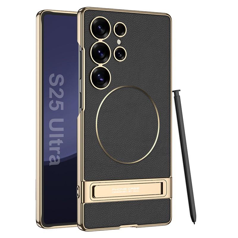 Galaxy S25 Ultra Case With Magnetic Ring Kickstand Electroplated PC Back Cover Shockproof Vegan Leather Finish