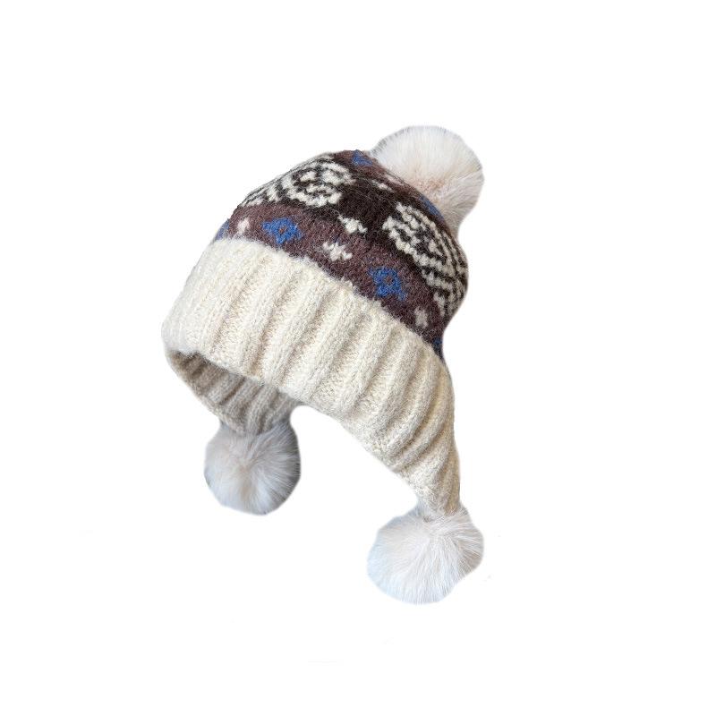 Vintage Fair Island Wind Hairball Knitted Wool Hat Women'S Winter Big Head Circumference Warm And Cold Ear Protection Hat