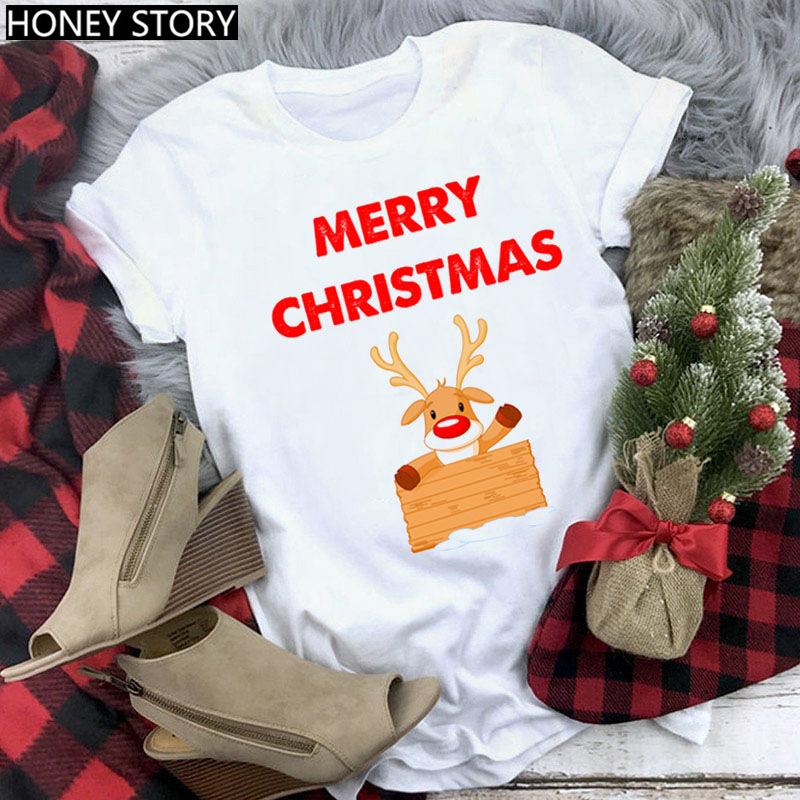 Kawaii Cartoon Merry Christmas Tree Graphics Women T-Shirts 90S Summer Short Sleeves Loose Round Neck Female Y2K Tops