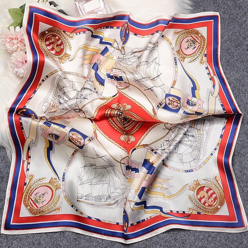 100% Pure Silk Small Square Scarf Women - Lightweight Neck With Nautical Sailboat Print Elegant Chic Wrap