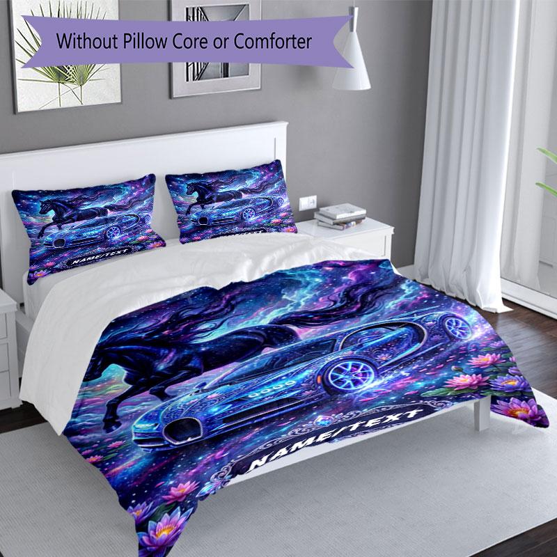 3PC Custom Name Galactic Horse Car Bedding Set Duvet Cover Closure Includes 1 Duvet Cover & 2 Pillowcases for Bedroom