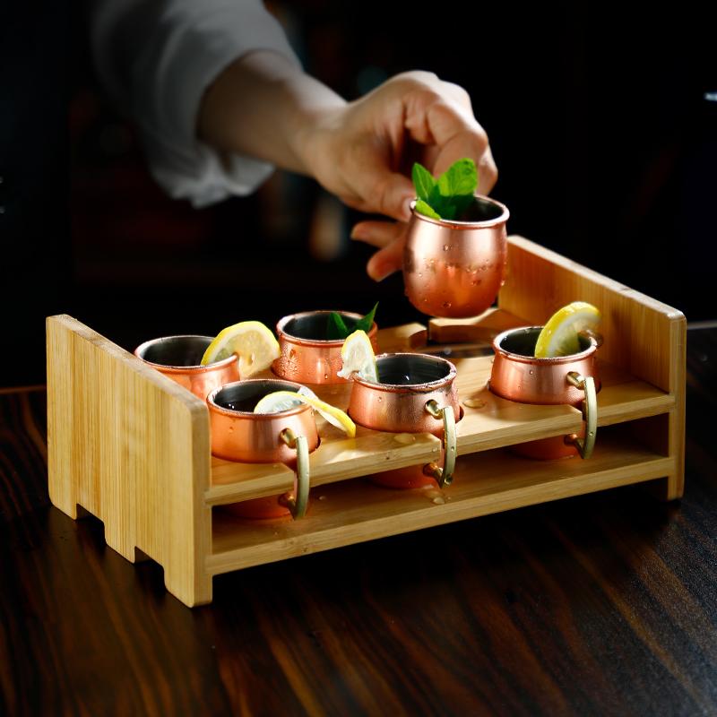 6 шт./набор 60 мл Мини-кружки Кружка Moscow Mule С Деревянной Подставкой Коктейльные Чашки Нержавеющая Сталь Чеканка С Медным Покрытием Пивная Винная Кружка