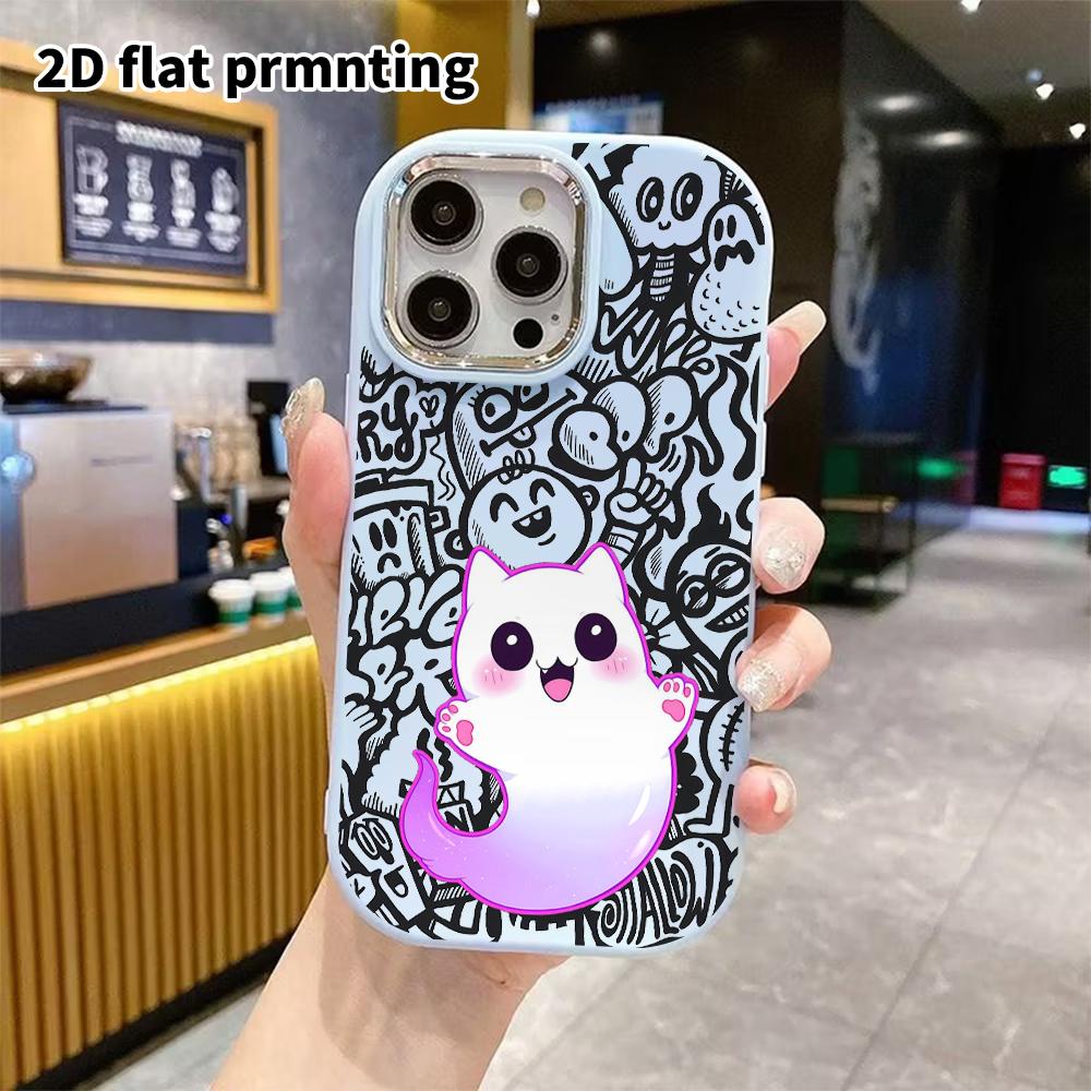 Phone Case: 2D flat design suitable for iPhone 18 17 16 15 14 13 Pro protective case, couple style, ghost kitten, Christmas and Halloween gift