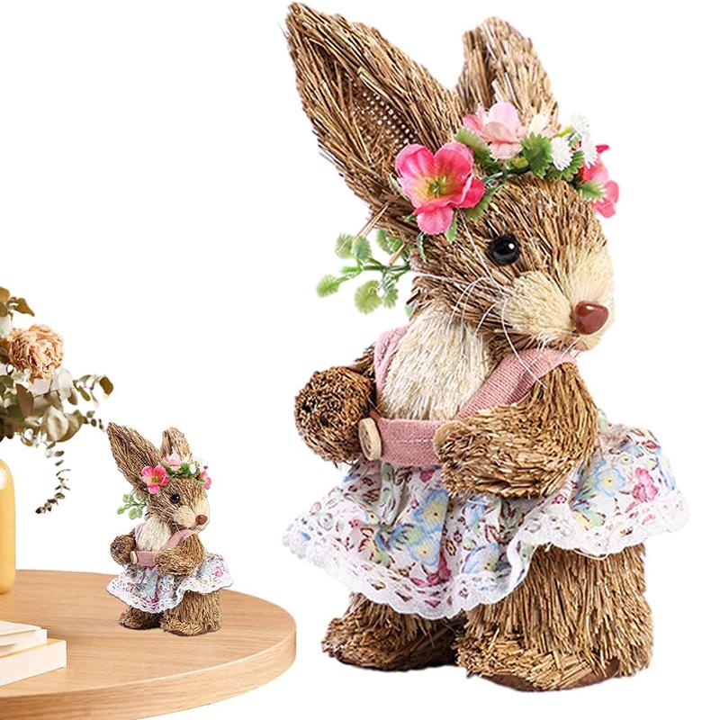Соломенный пасхальный кролик, пасхальный кролик, фигурка, украшения, пасхальный кролик, пасхальный кролик, украшение стола, стоящая соломенная фигурка в форме кролика
