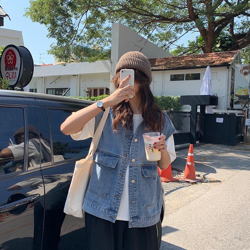 Весенняя верхняя одежда, джинсовая женская свободная корейская версия, студенческий повседневный жилет без рукавов, жилет