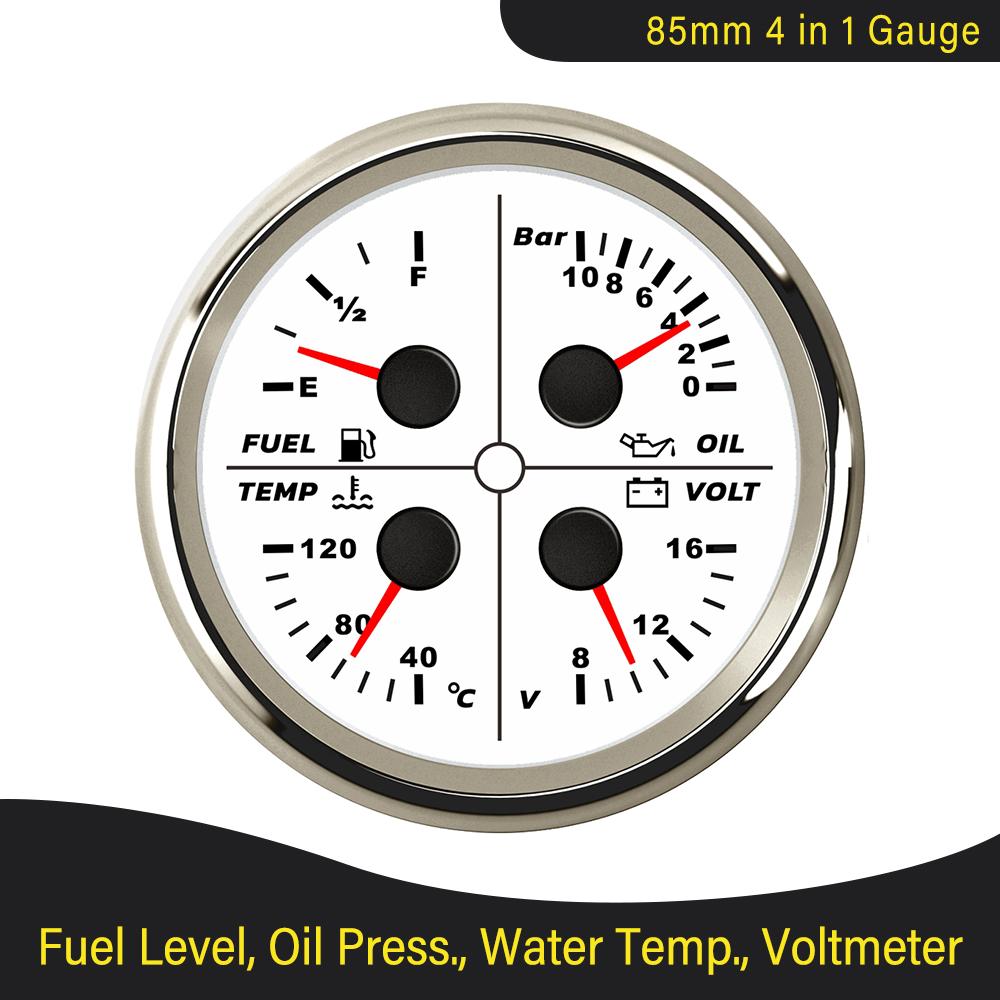 ELING 85mm Fuel Level 0-190 ohm 240-33 ohm Oil Pressure Water Temp Voltmeter 4 in 1 Multi-function Gauge Red Backlight 12V