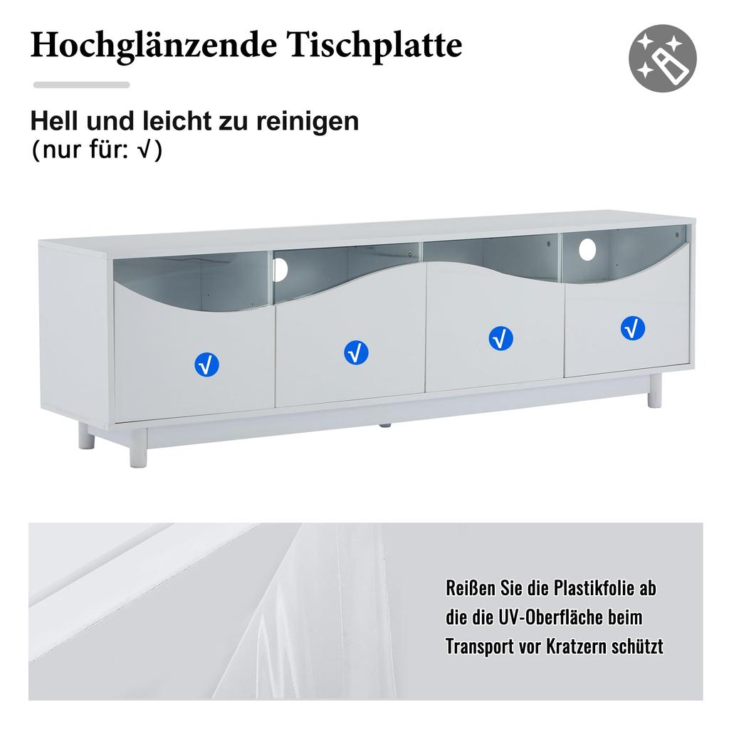 ТВ Шкаф ТВ Тумба Глянцевый Белый 70 Дюймовый Телевизор, ТВ Стойка 4 Дверцы, Дверца Шкафа из Закаленного Стекла, ТВ Мебель Гостиная Спальня