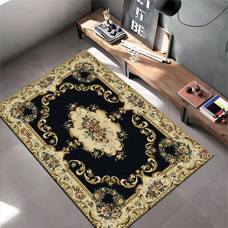 Vintage Floral Pattern Rug with Black and Beige Non-slip rug suitable for living room and bedroom sofas