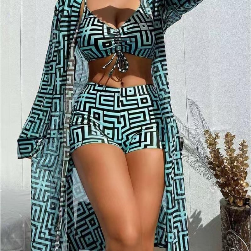 Новый европейский и американский женский раздельный купальник, блузка, трехкомпонентный, собирающий, пляжный, с высокой талией, бикини