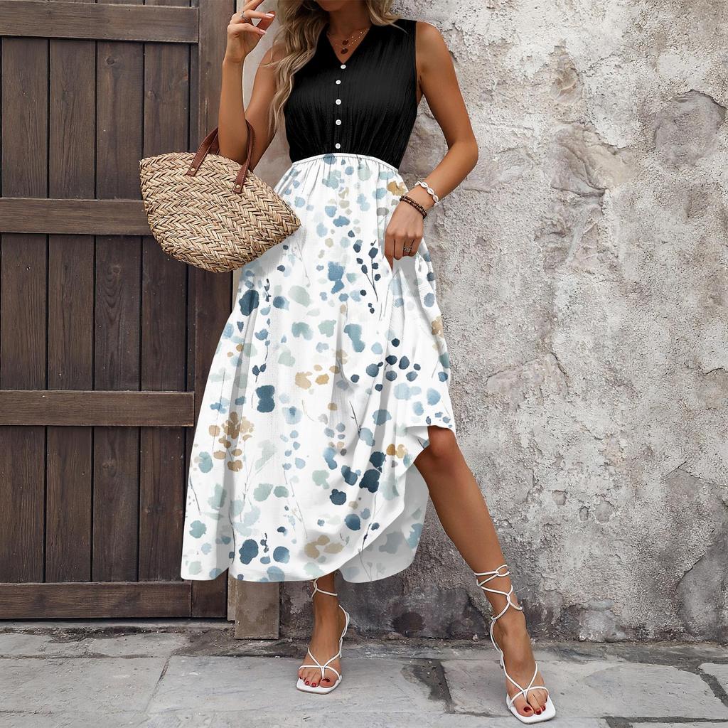 Women's Casual And Fashionable V-neck Sleeveless Printing Mid Length Dress