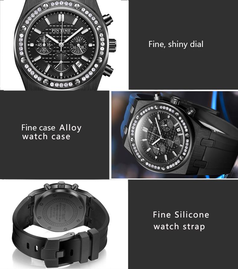 Men's Casual Watch Diamond Iced Bezel Quartz Wristwatch Sports Waterproof 30m Chronograph Fashion Silicone Band Reloj Hombre