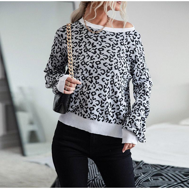 Женский свитер с круглым вырезом, короткий вязаный пуловер с леопардовым принтом, модный повседневный джемпер с застежкой-молнией, нижняя рубашка на осень и зиму