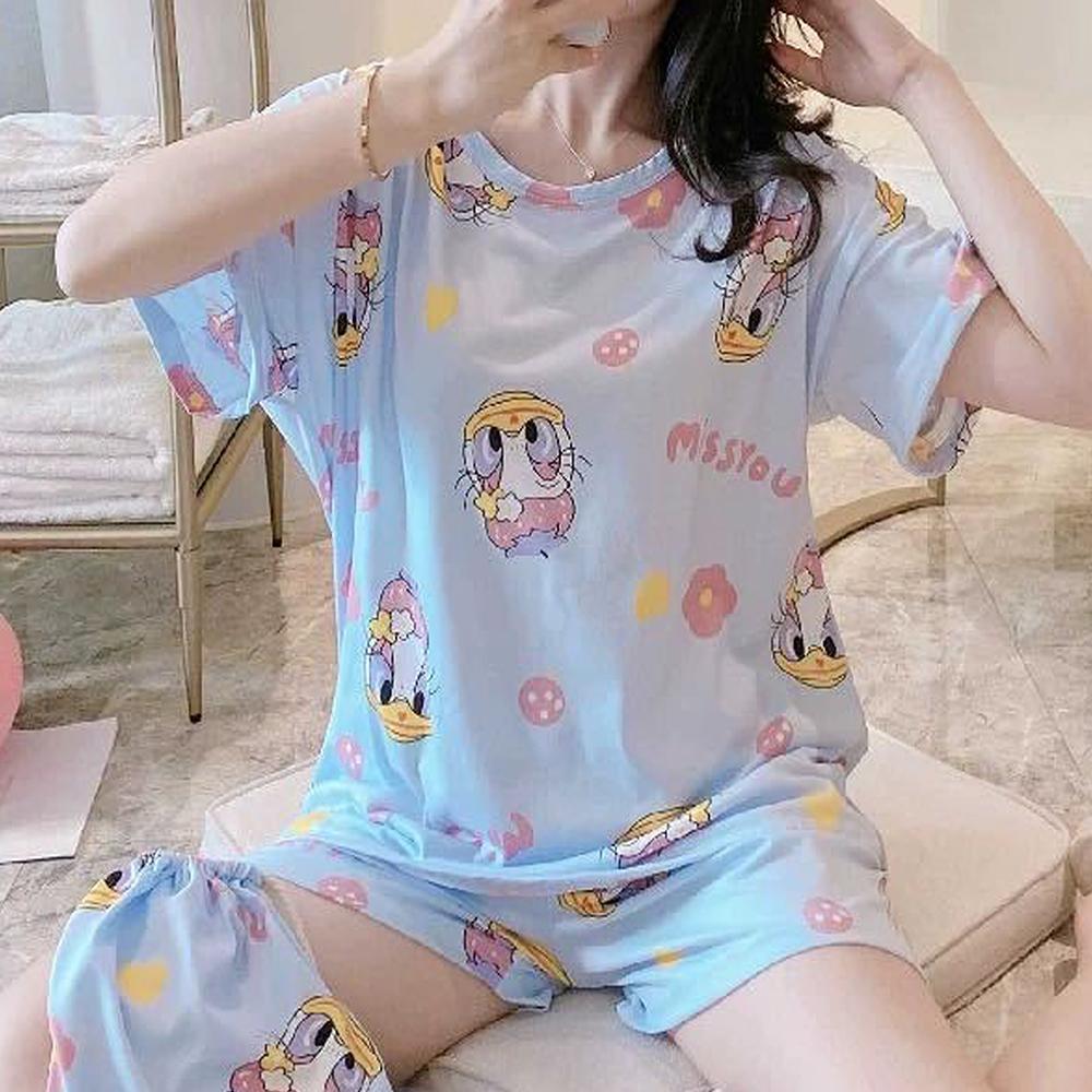 Printed Pajamas Cartoon Suit 2pcs Women Summer Short Sleeve T Shirt And Shorts