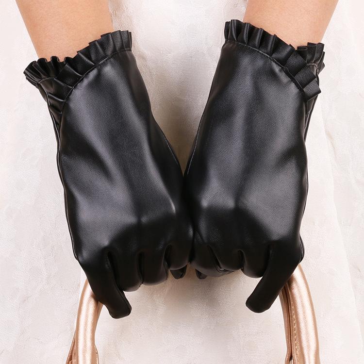 Женские кружевные перчатки из искусственной кожи для сенсорных экранов: Теплая, ветрозащитная, с бархатной подкладкой для езды на велосипеде осенью/зимой