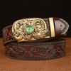 Belt Genuine Leather Belt for Men Carving Flower Pattern Gold Automatic Buckle Belt Strap for Jeans