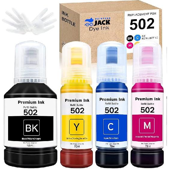 Printers Jack Compatible 502 T502 Refill Ink Bottles Replacement for EcoTank ET-2750 ET-3750 ET-4750 ET-2760 ET-3760 ET-4760 ET-2700 ET-3700 ET-3710