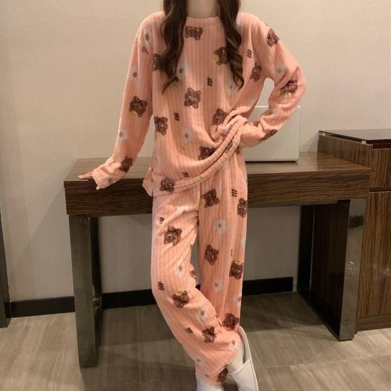 2 Pcs/Set Women Winter Pajamas Set Round Neck Cartoon Bear And Peach Pattern Long