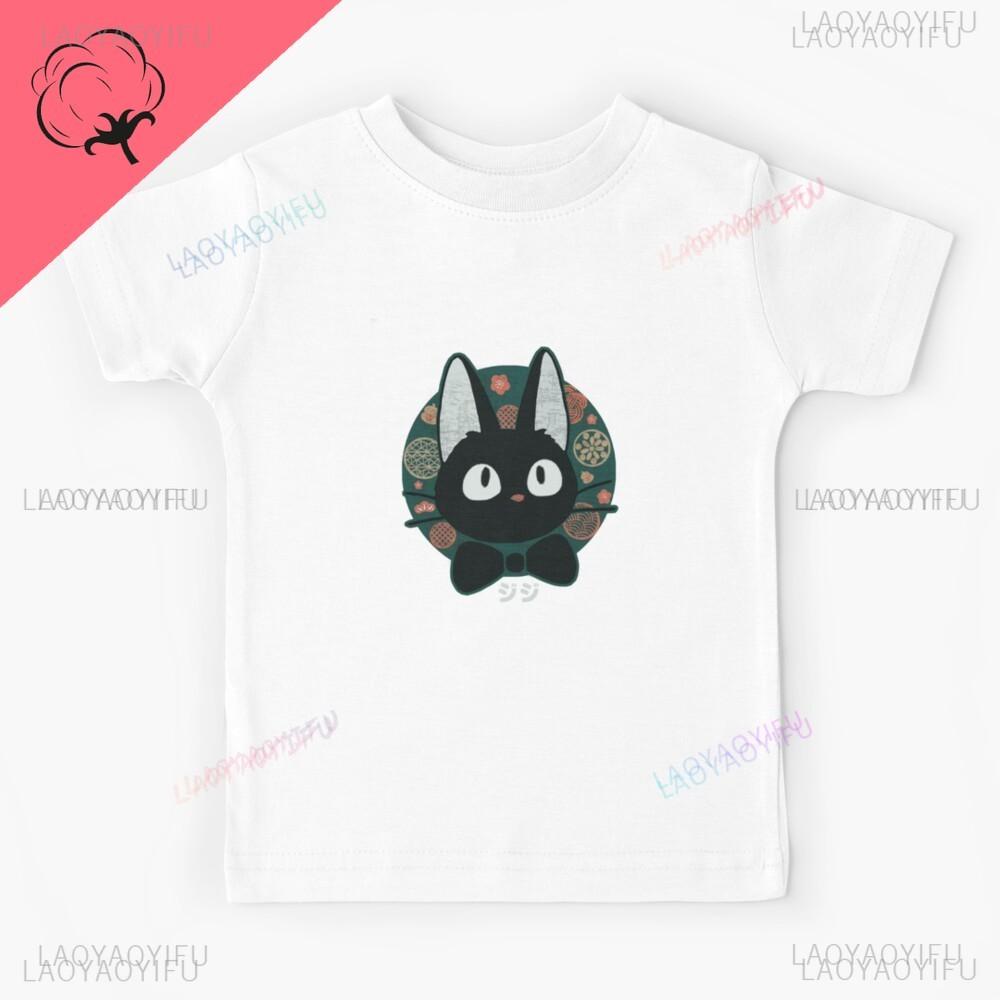 Cute Black Cat Jiji Japanese Floral Circle Graphic Tshirt Anime Kiki Design Unisex Casual Short Sleeve Kawaii Streetwear Tee