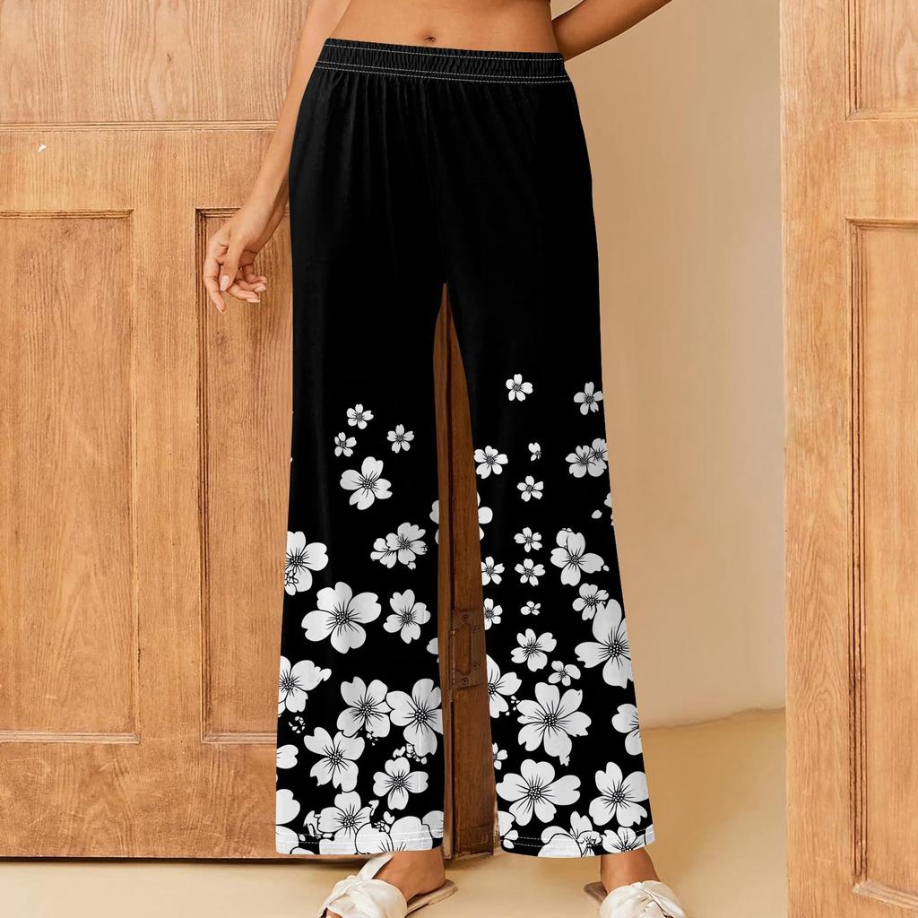 Женские повседневные брюки прямого кроя с эластичным поясом и принтом