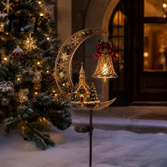 Decorative Porch Lighting Solar Christmas Crescent Light, Moon Snowman Garden Stake Waterproof Landscape Path Stakes LED Pathway Lamp for Outdoor Yard