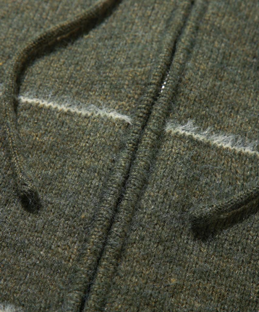 TRILLION Washable Wool Hairy Stripe Hooded Zip-Up Knit_Khaki