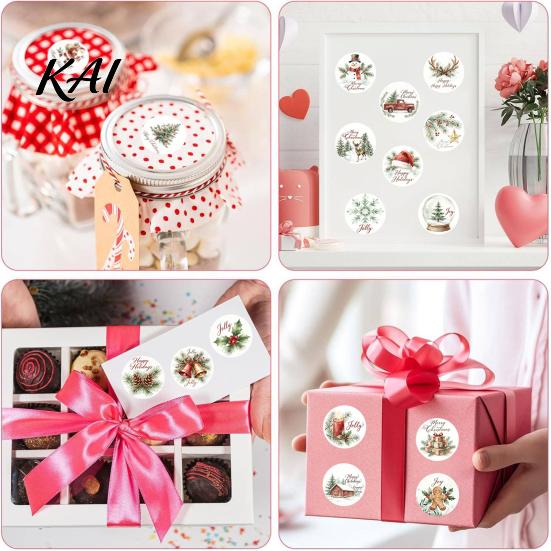 Festival Card Decorating Tags Christmas Round Stickers, Nordic Style Watercolor Decorative Labels, DIY Craft Decoration Stickers Holiday Envelope