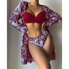 Women Floral Print Bikinis Set Sexy Three Piece Beach Cover Up Push Up Summer Long Sleeve Twist Swimwear Bathing Suit