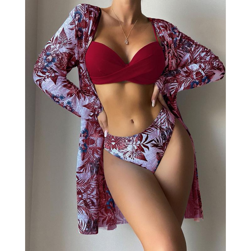 Women Floral Print Bikinis Set Sexy Three Piece Beach Cover Up Push Up Summer Long Sleeve Twist Swimwear Bathing Suit