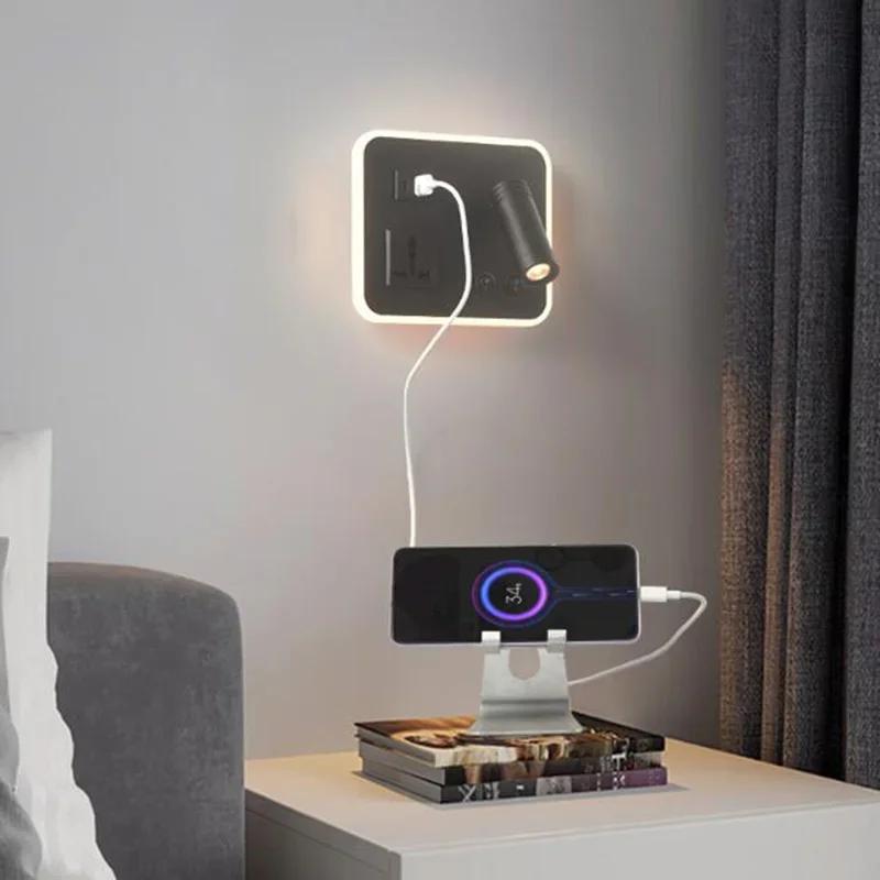 Светодиодные настенные лампы для сотовых телефонов с беспроводной зарядкой и USB-портом, скандинавские прикроватные светильники для спальни, вращающиеся с выключателем, лампа для чтения
