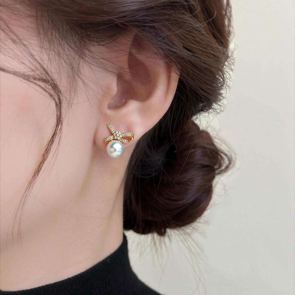Natural freshwater pearl earrings with a light luxury and high-end feel, asymmetrical design butterfly knot pearl earrings