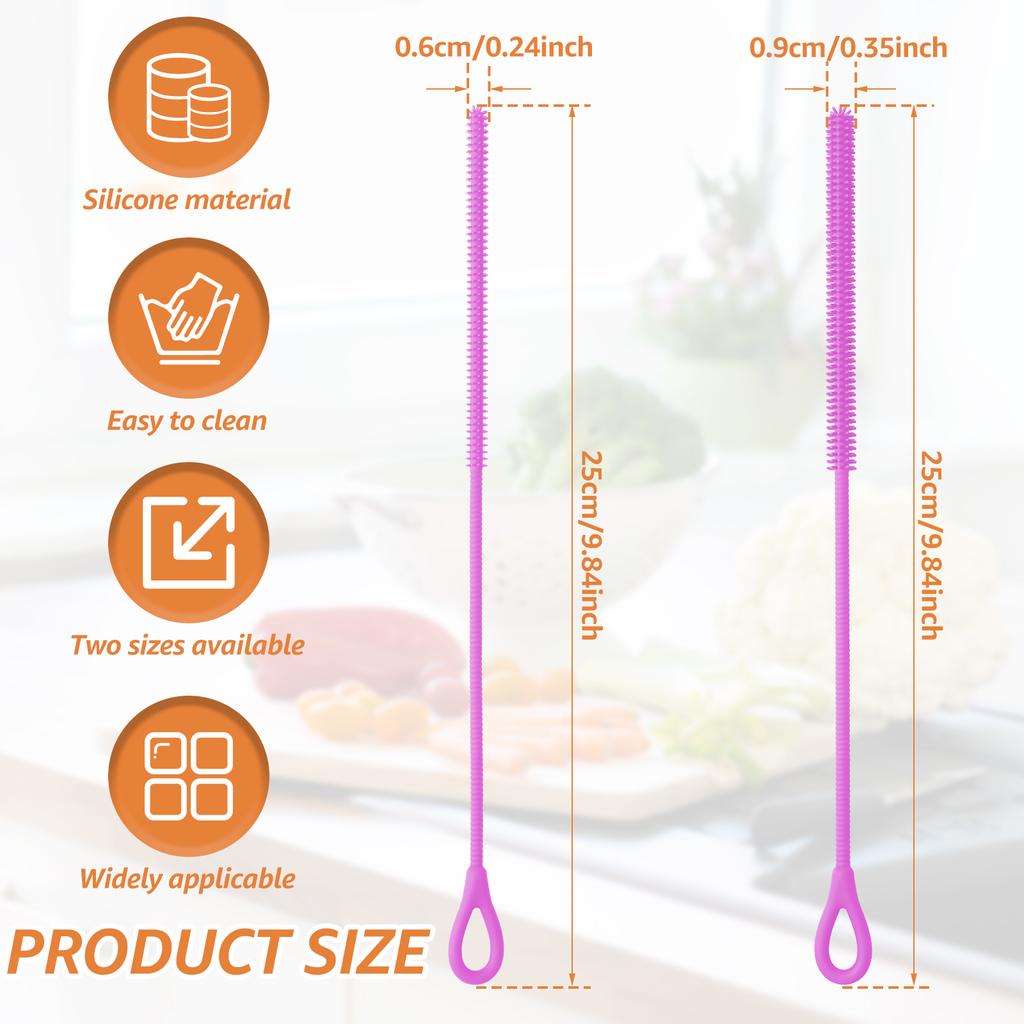 2 Pcs 6mm and 9mm Silicone Straw Brushes Reusable Straws Deep Cleaning Brush Long Handle Pacifier Brush for Clearing Glass