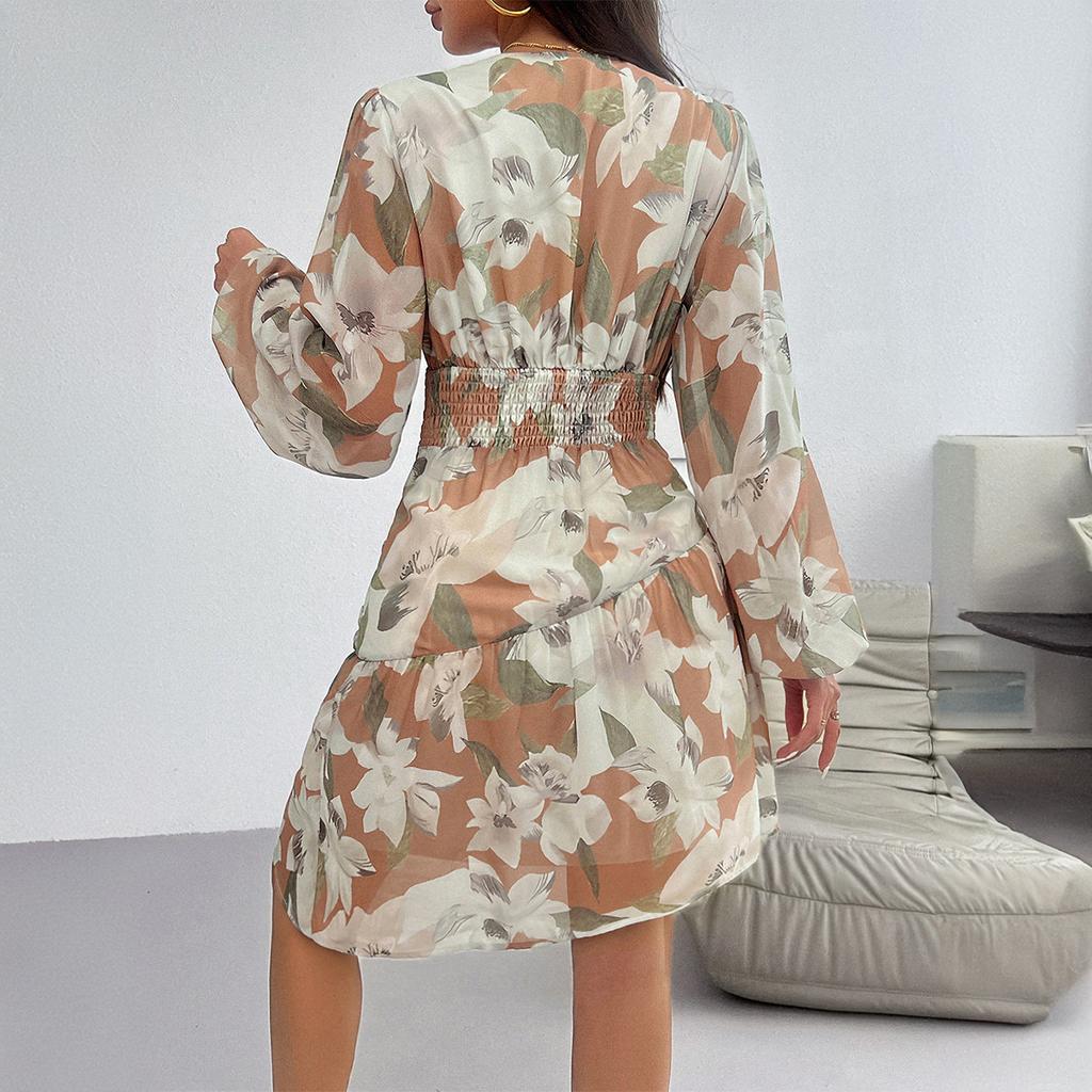 Women's Casual Printed Waisted Long Sleeve Dresses