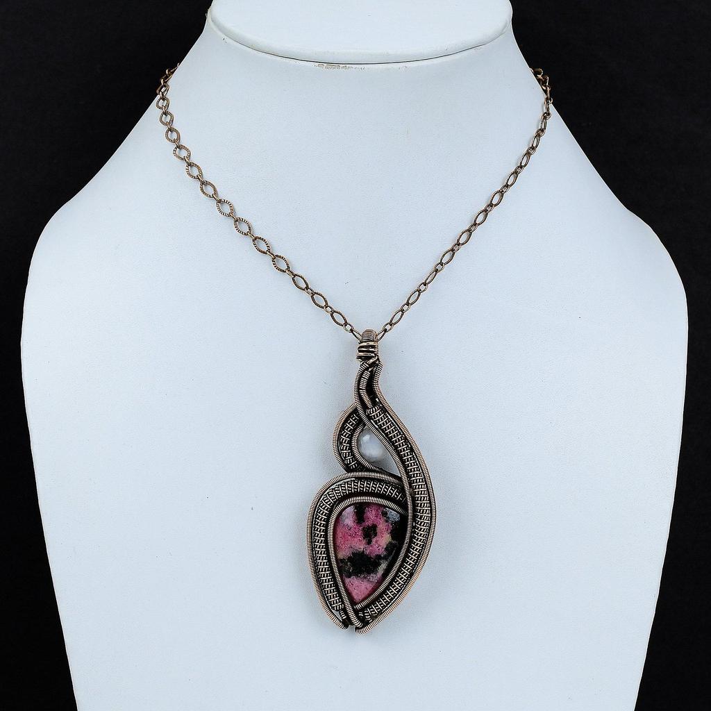 Подвеска из родонита, ювелирные изделия из медной проволоки, кулон ручной работы, радужные украшения из лунного камня, кулон из медной проволоки, ювелирные изделия из драгоценного камня, подарок для женщин